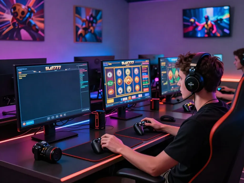 Gameplay slot777 yang seru dengan gamer fokus di ruang permainan modern.