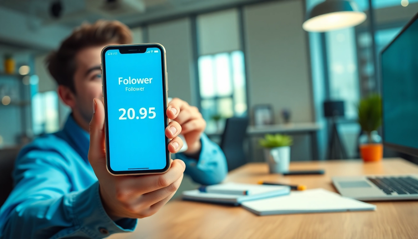フォロワー購入で急増するフォロワー数を示すスマートフォンを持つプロフェッショナル