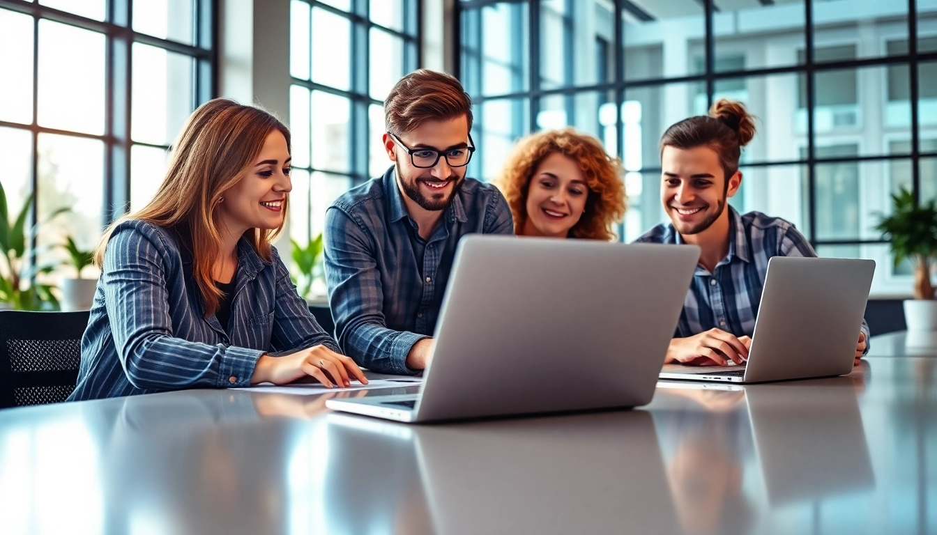 Dynamic teamwork at a web development company in a modern office, showcasing creativity and collaboration.