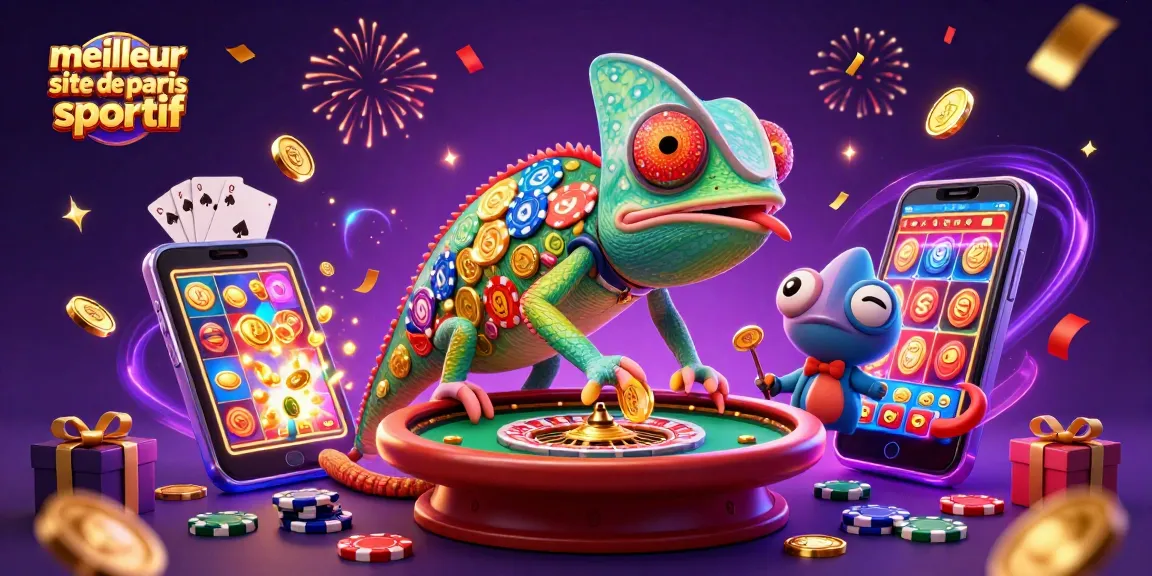 Le meilleur site de paris sportif met en scène un caméléon géant entouré de jeux d'argent et de célébrations.