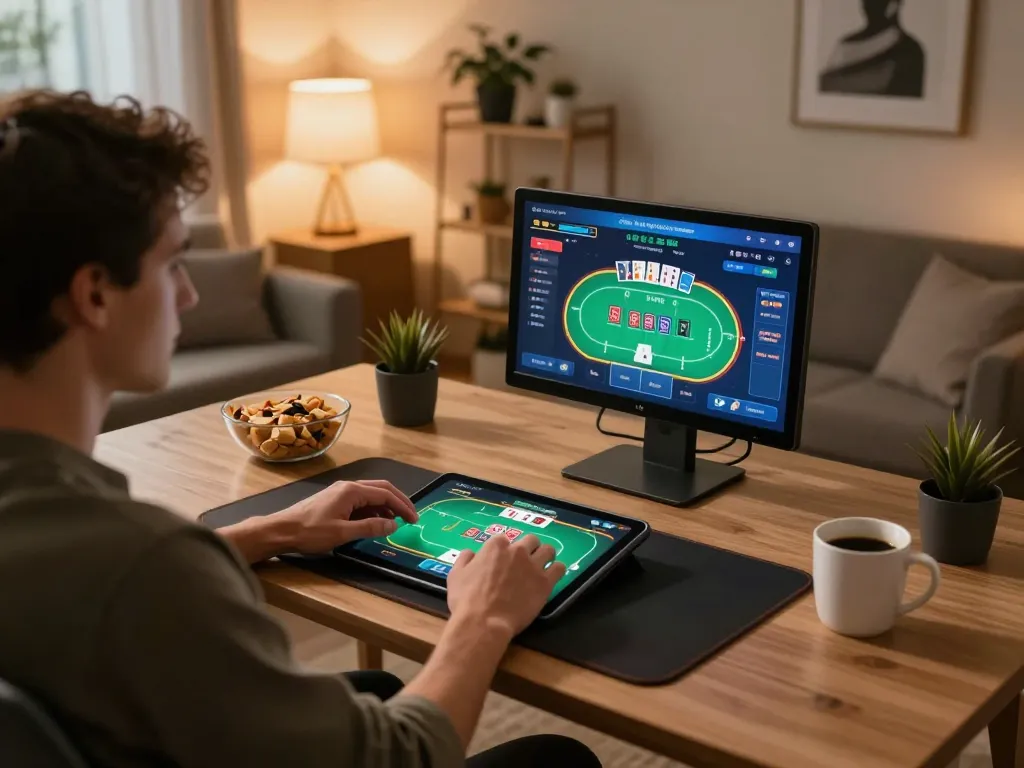 Engaging with NHÀ CÁI TR88 on a tablet, enjoying a home poker game.