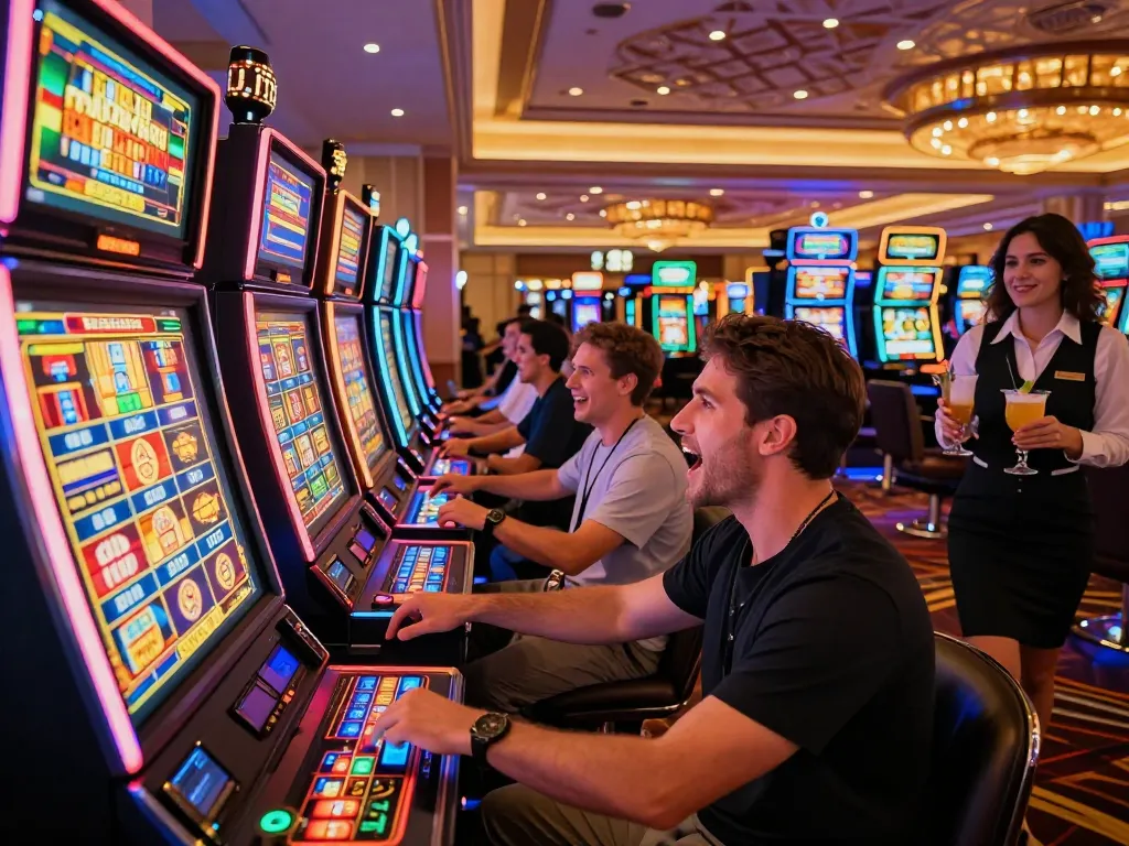 Player celebrating a win at vibrant slot gacor hari ini machines in a bustling casino.