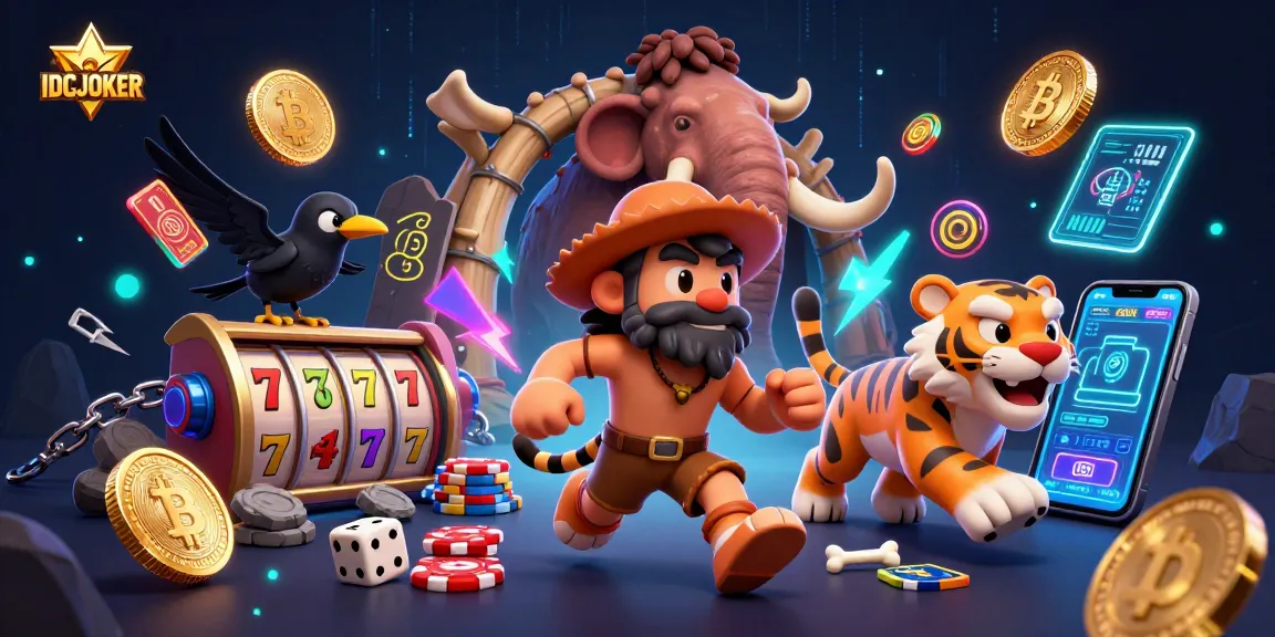 Experience thrilling gameplay with IDCJOKER at the vibrant prehistoric casino filled with slot machines and neon cryptocurrency icons.