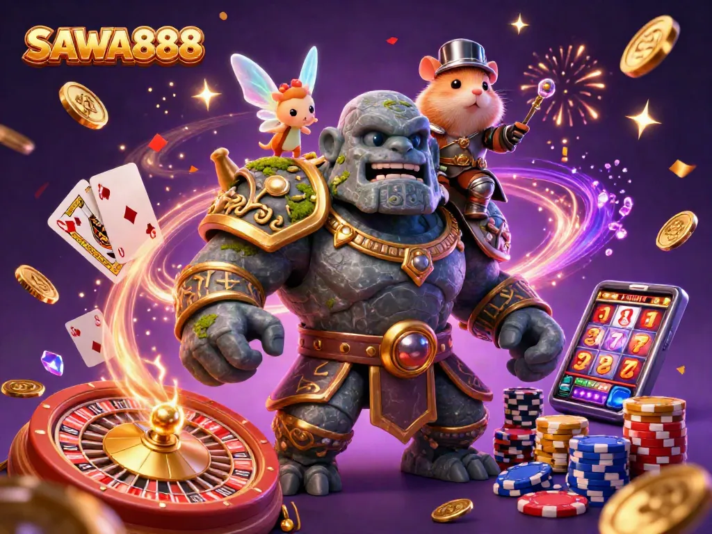 Take a chance with SAWA888 in this vibrant casino-themed illustration with magical characters and game elements.