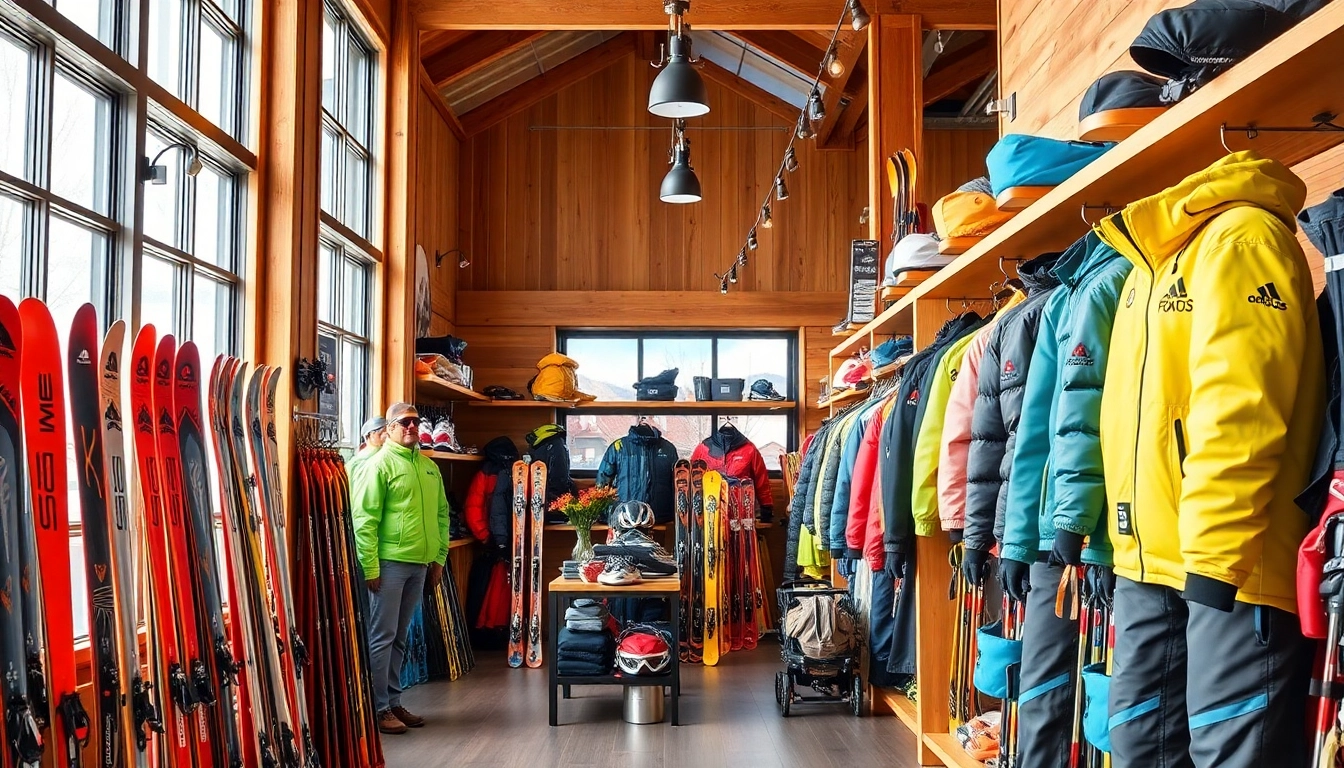 Shop in a ski shop showcasing quality equipment and vibrant ski apparel for winter enthusiasts.