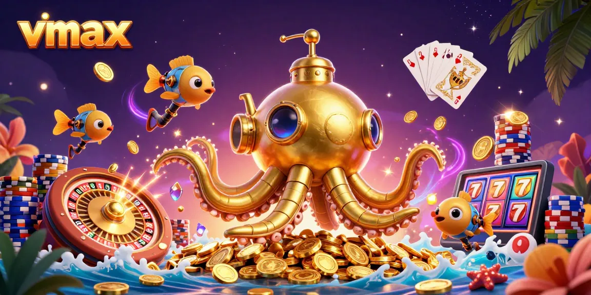 Experience the thrill of vmax casino gaming with a golden kraken submarine amidst sparkling coins and vibrant game elements.