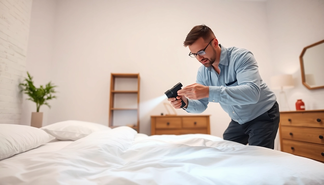 Bed bug exterminator inspecting a bedroom during a pest control treatment.