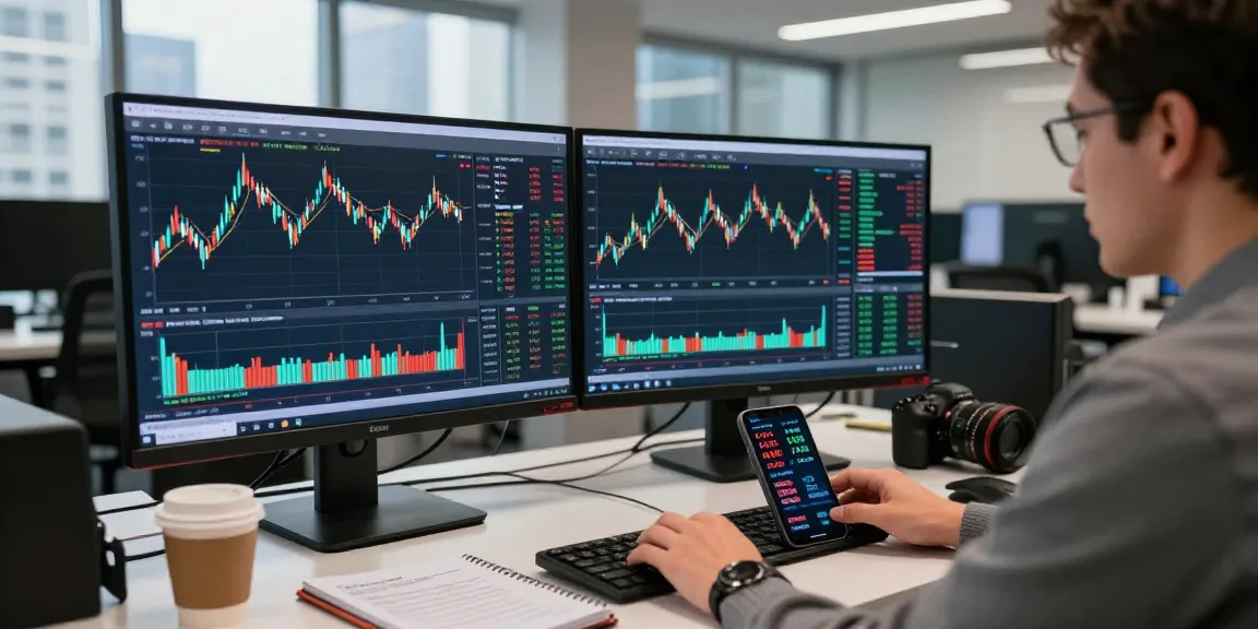 Engaging forex trader analyzing live forex charts on dual monitors in a vibrant financial office.
