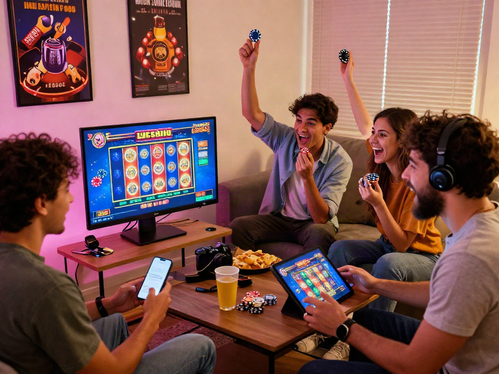 Group enjoying link casino online games in a lively gaming room.