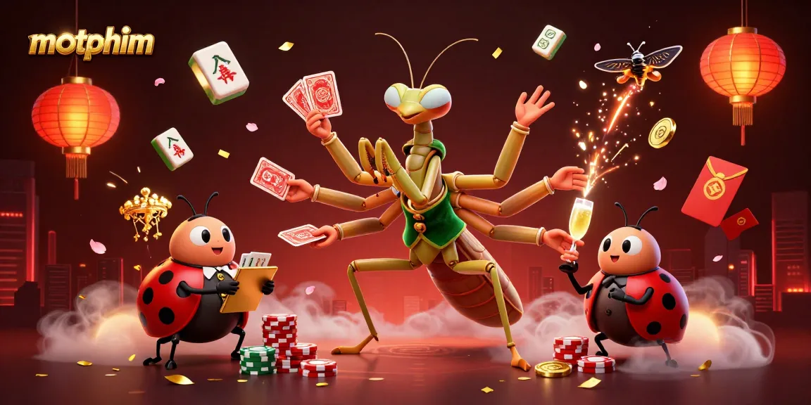 motphim showcases a vibrant casino scene with a giant mantis dealing winning cards amidst colorful game elements, enhancing player excitement.