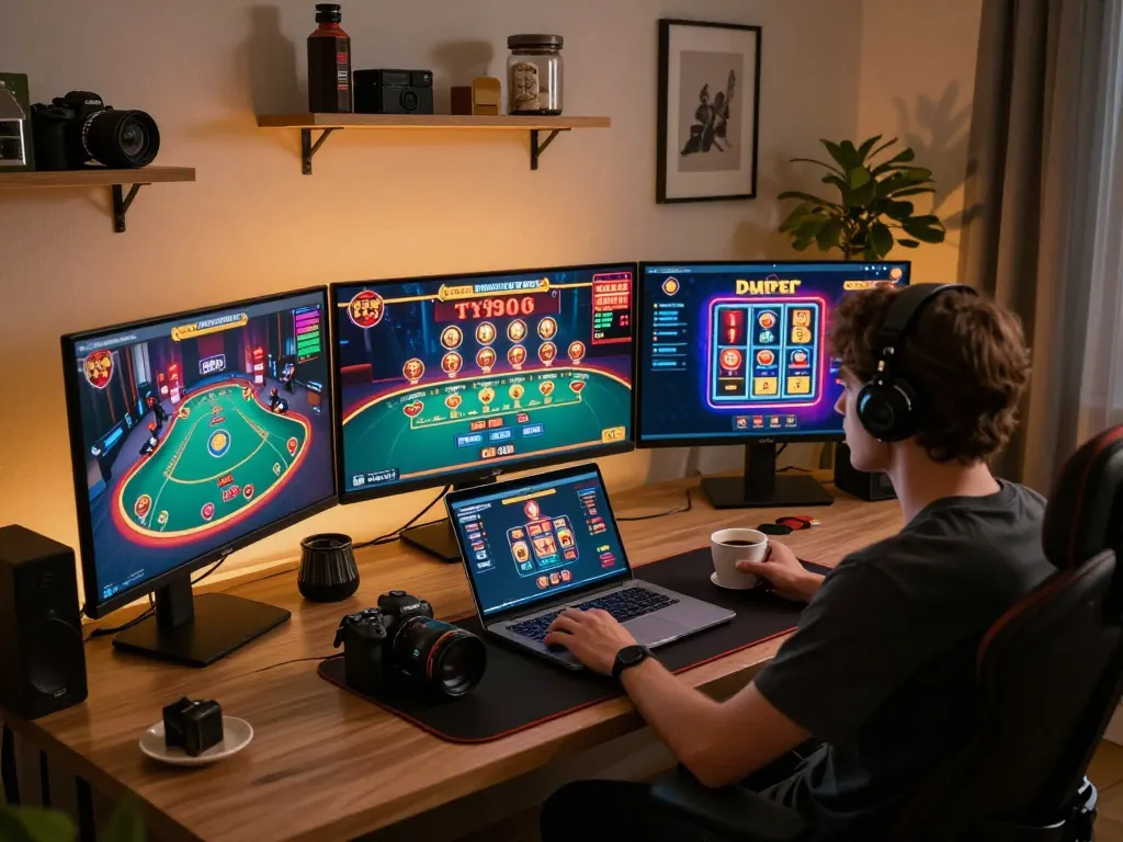 Engaged player utilizing NHÀ CÁI SC88 platform on multiple screens for strategic online gambling activities.