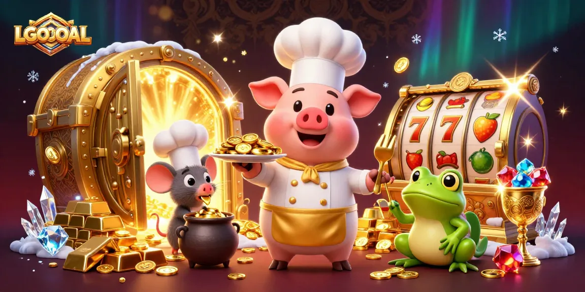 Engage with LGOGOAL's thrilling slot experience featuring gourmet gold-themed characters in a vibrant casino scene.
