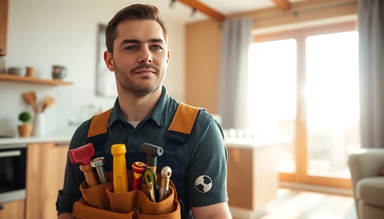 Local plumber inspecting pipes in a bright kitchen setting.