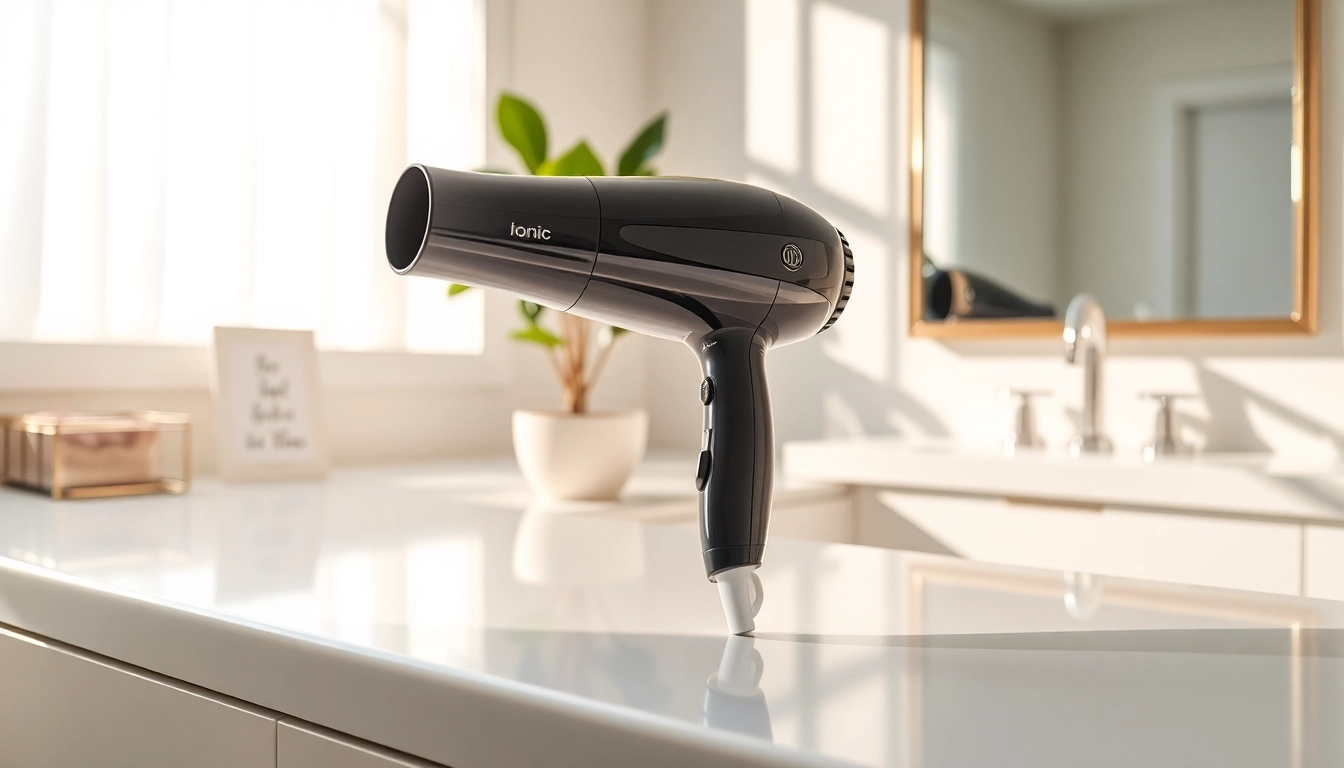Enhance your styling with the Ionic hair dryer, showcasing its sleek design and powerful functionality.