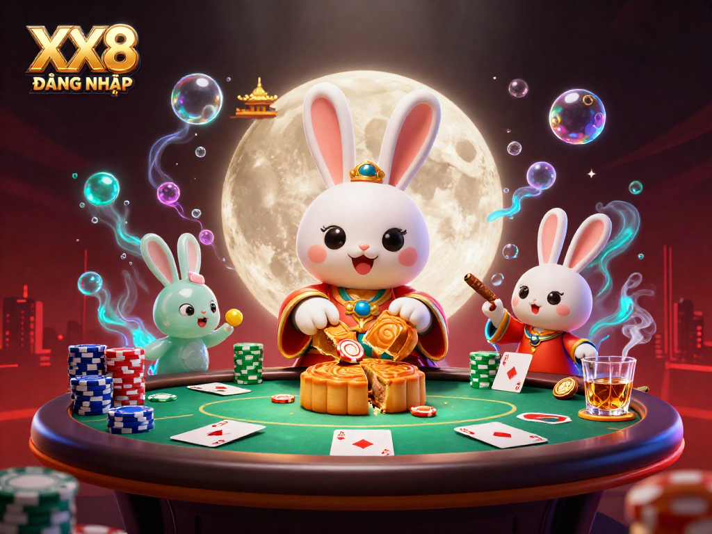 Engage with XX8 ĐĂNG NHẬP through an animated moon rabbit scene revealing hidden poker chips.