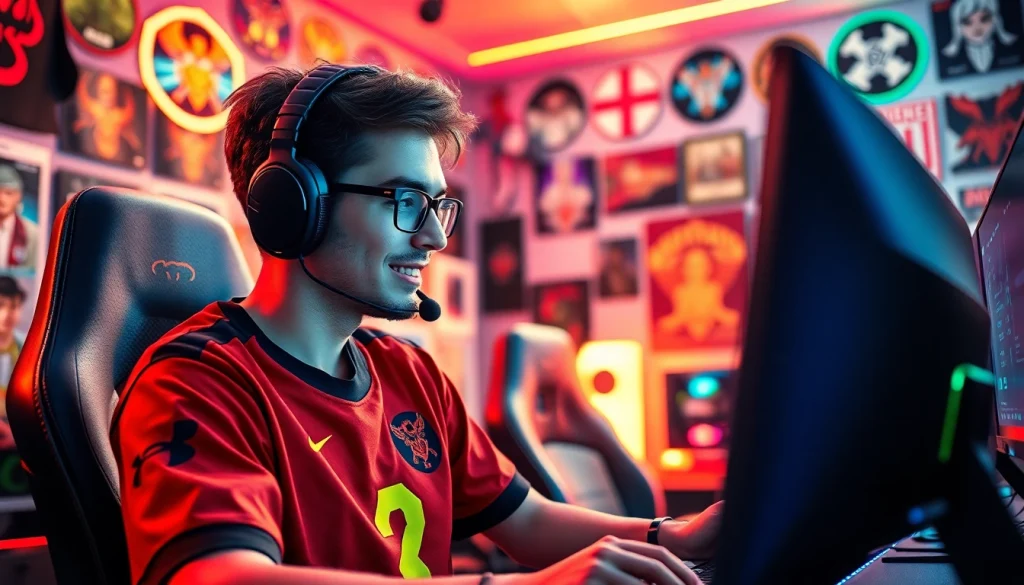 79king gamer demonstrating skills in a vibrant gaming setup with intense lighting.