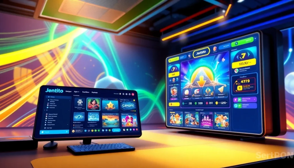 Menggambarkan dashboard interaktif jentoto dengan warna cerah dan grafis menarik