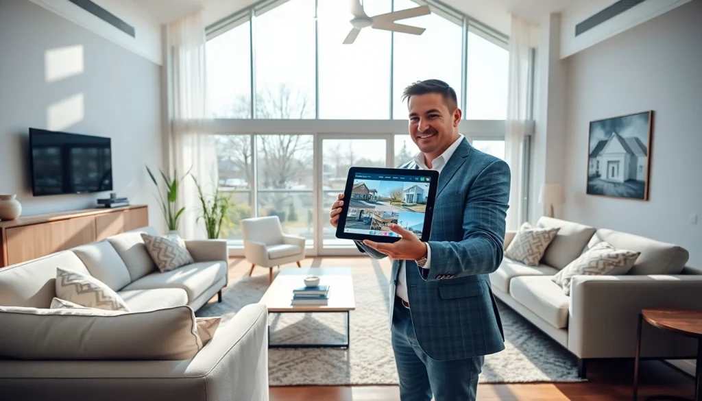 Engage with real estate properties through a professional agent showcasing a modern living room.