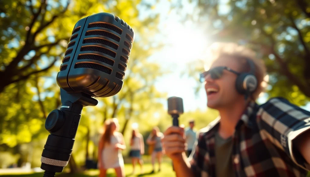 Recording audio with the MV88 microphone in a vibrant outdoor setting.
