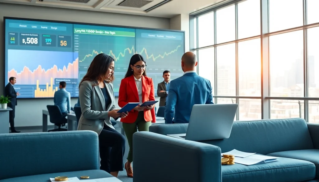 Engaging scene of professionals managing crypto company accounting tasks in a modern office.