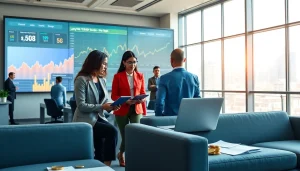 Engaging scene of professionals managing crypto company accounting tasks in a modern office.