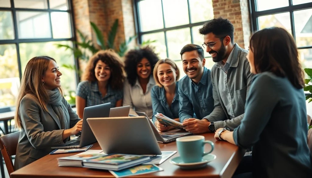 Travel enthusiasts collaborating at https://travelingossip.com in a vibrant coffee shop setting.