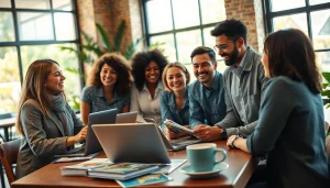 Travel enthusiasts collaborating at https://travelingossip.com in a vibrant coffee shop setting.