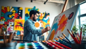 Kooralive artist passionately creating vibrant illustrations in a bright studio.