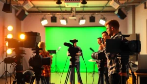 Engaging video production team working collaboratively in a modern studio setting.