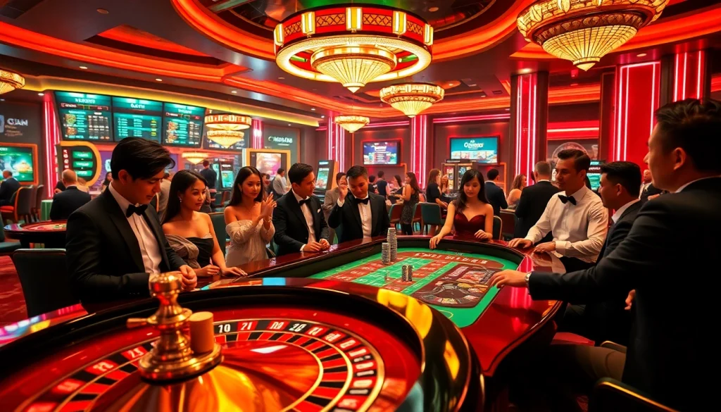 Enjoy intense gameplay with link vào XX88 at an upscale casino featuring vibrant roulette tables and excited gamblers.