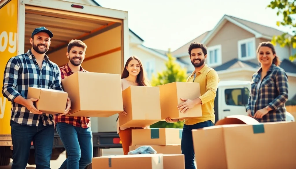 Moving crew from a Toronto moving company efficiently packing items into a truck with cheerful expressions.