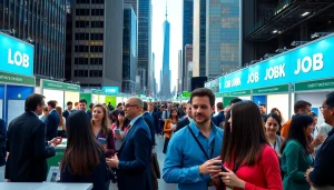 Job seekers networking at an engaging job fair showcasing jobs new york opportunities.