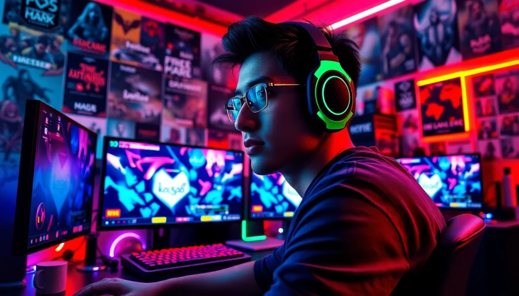 Menang main koi800 game dengan gamer antusias di ruang permainan penuh warna.