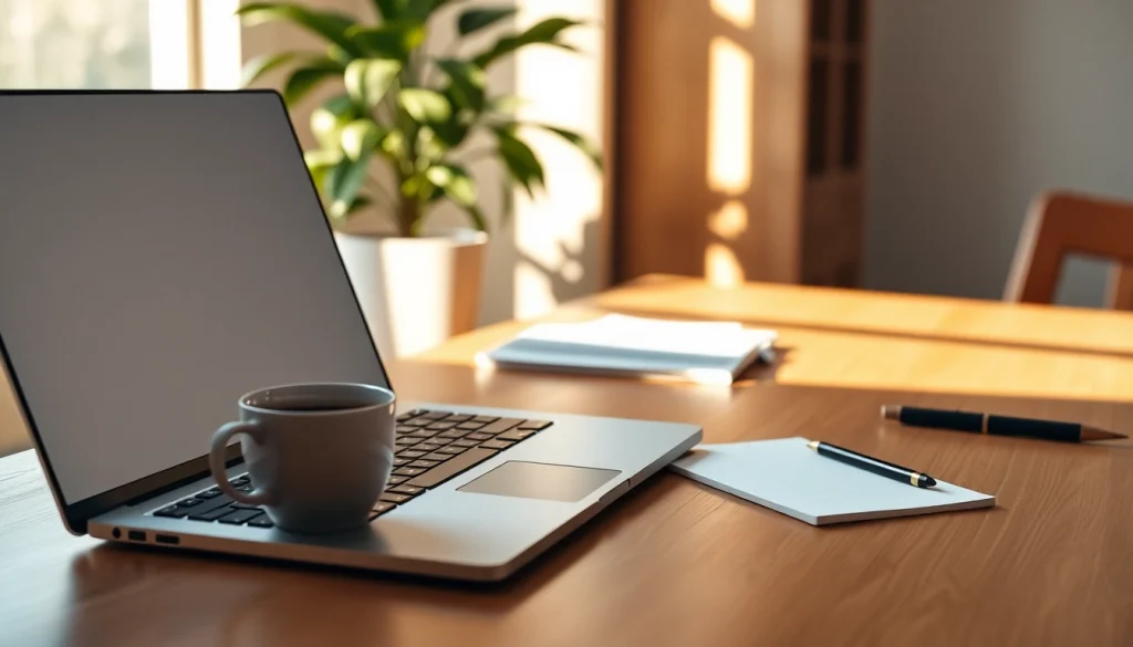 View of a digital workspace at https://wpedition.com with a laptop, coffee, and natural light.