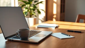 View of a digital workspace at https://wpedition.com with a laptop, coffee, and natural light.