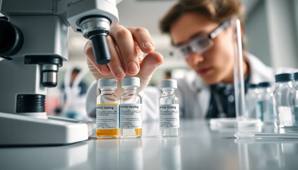 Buying peptides online: Healthcare professional examining peptide vials in a laboratory setting.
