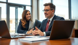 Engaged South Dakota truck accident lawyer consulting with clients in a professional office environment.