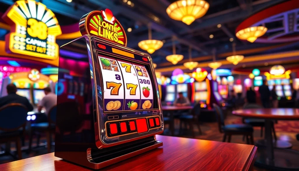 Mainkan slot dengan simbol menarik dalam suasana kasino berkilau.