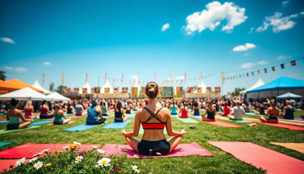 Engaging yoga festival gathering showcasing diverse practitioners under a sunny sky.