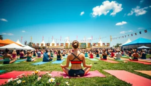 Engaging yoga festival gathering showcasing diverse practitioners under a sunny sky.