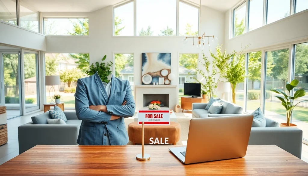 Real Estate agent presenting a modern home in a welcoming setting with bright lighting and stylish decor.