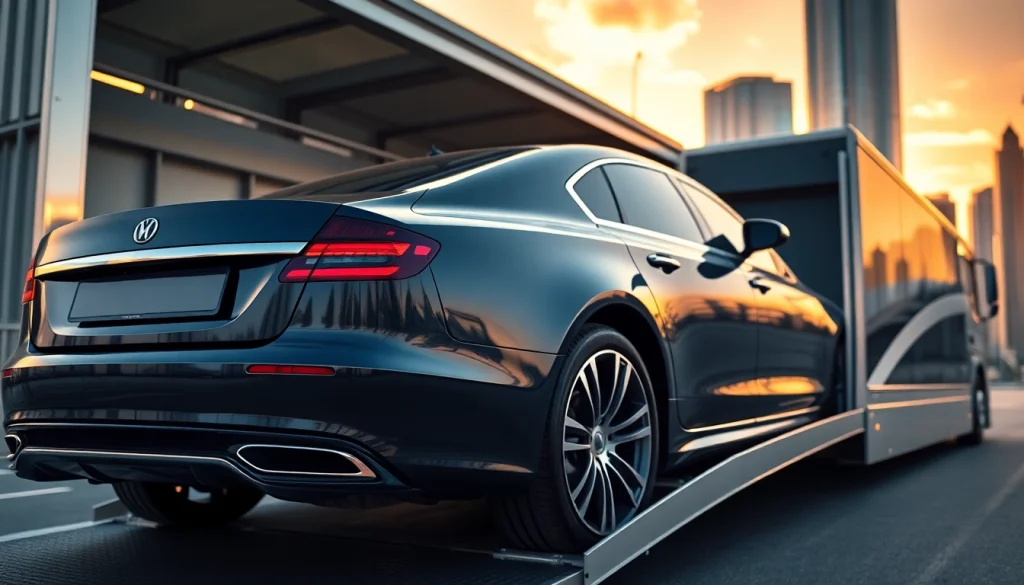 View of https://luxuryautocarriers.com transporting a luxury vehicle in an urban setting.