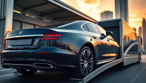 View of https://luxuryautocarriers.com transporting a luxury vehicle in an urban setting.
