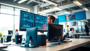 Technician providing Managed Services in a sleek modern office with multiple screens and bright lighting.