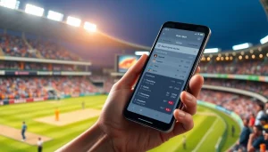 Engage with sports betting apps India through an interactive smartphone interface amidst a cricket stadium atmosphere.