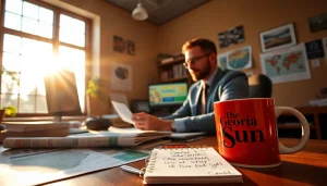 The Georgia Sun newsroom showcasing a journalist's workspace filled with energy and inspiration.
