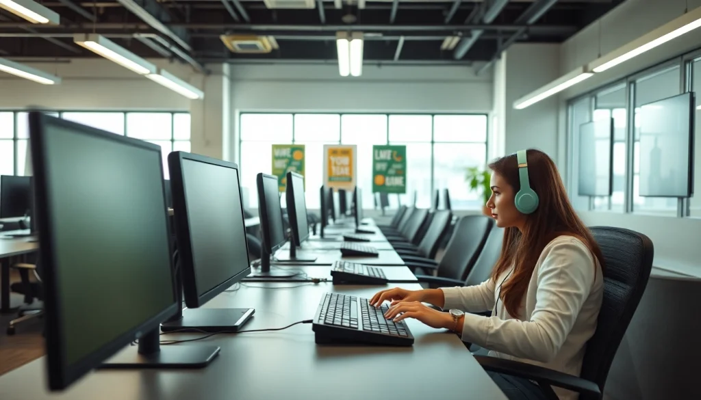 Engaged professional in a modern typing center showcasing productivity and advanced technology.