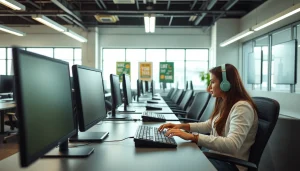 Engaged professional in a modern typing center showcasing productivity and advanced technology.