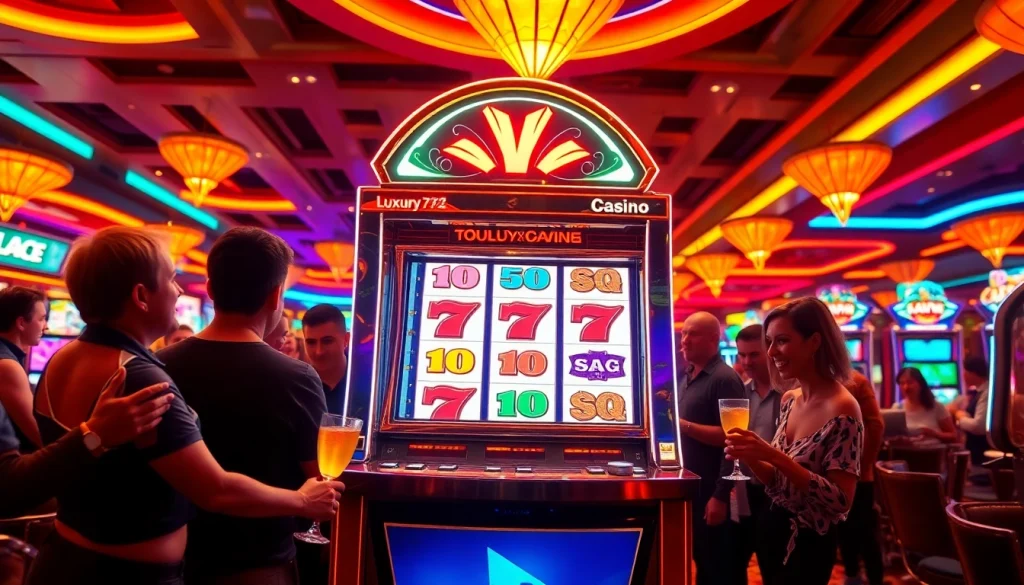 Menangkan hadiah besar di luxury777 slot yang menampilkan pemain yang antusias di kasino mewah.