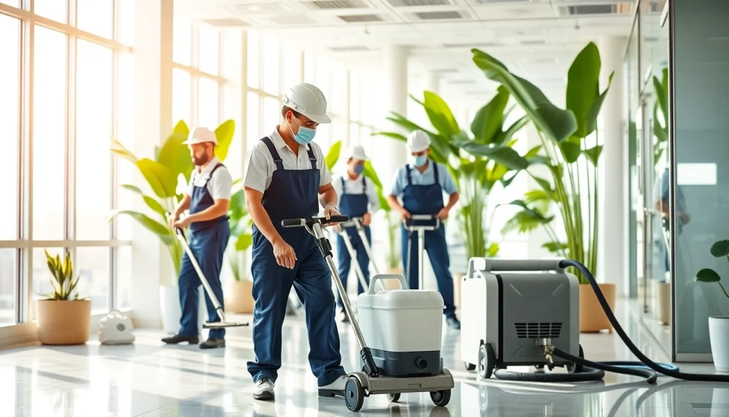 Effiziente Reinigungsteams von https://nm-gebäudeservice.de in modernem Büroumfeld bei der Arbeit.